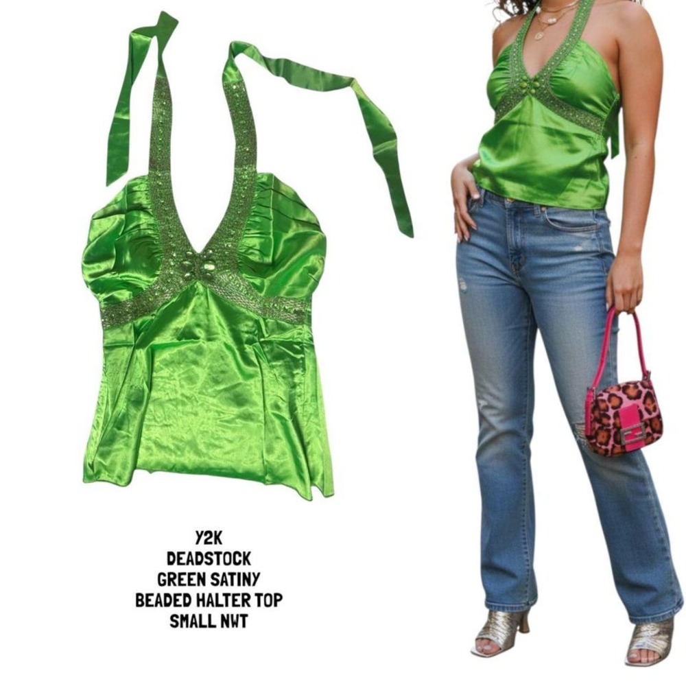 Y2K Dead stock green beaded halter satin Cami top small #12